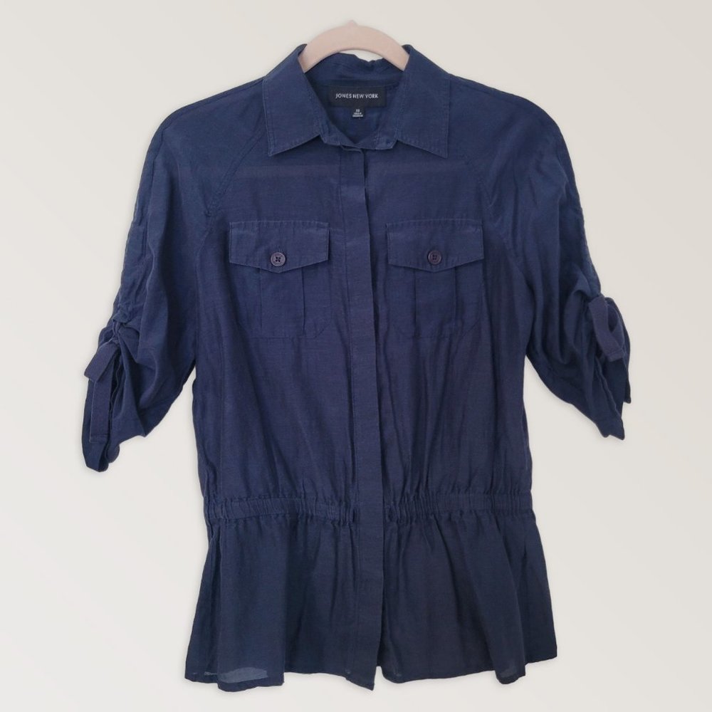 JNY Cotton & Silk Button Down Blue Blouse, Lightweight Summer Shirt, Size XS